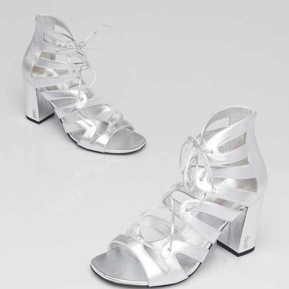 SAINT LAURENT LACE UP HEEL METALLIC SILVER SIZE 41 - Picture 1 of 16